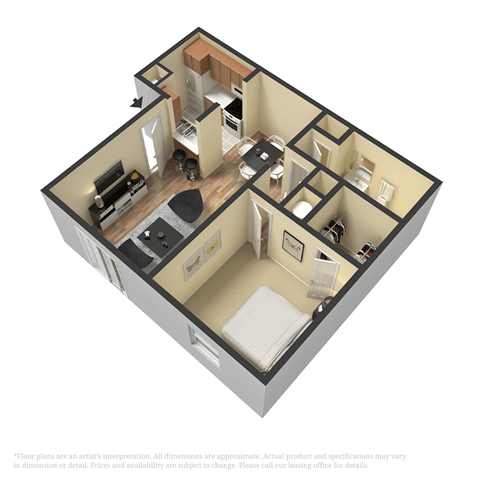 Floor plan for 1 bed, 1 bath, 700 sqft